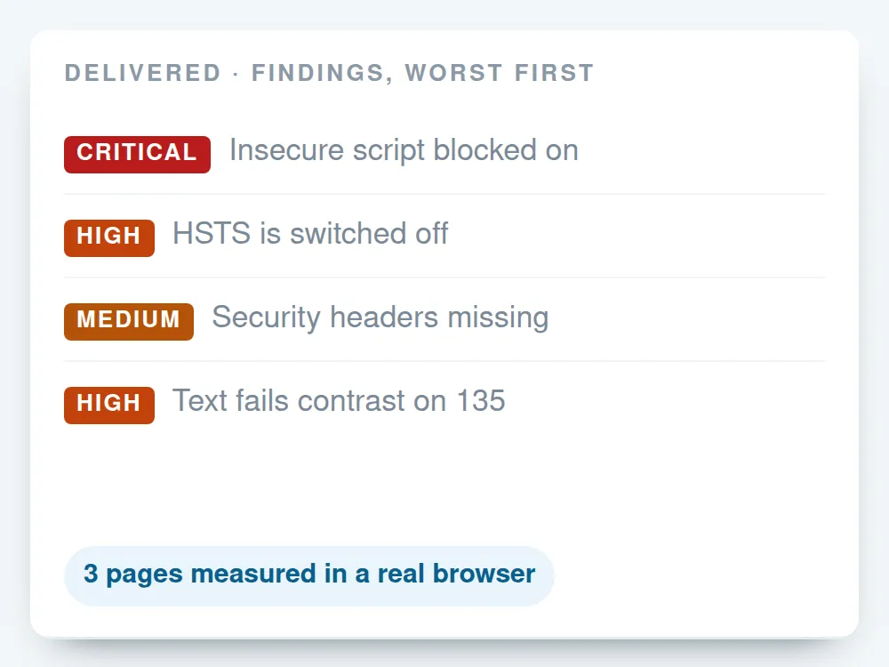 A shop page beside an audit report listing twelve findings
