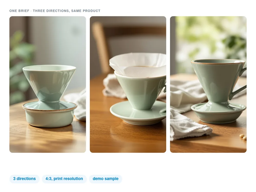 Three product photographs of the same object from one brief