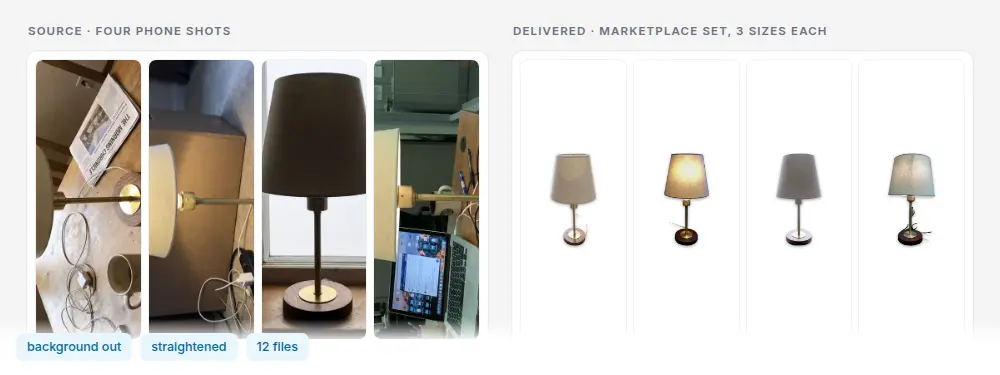 Cluttered phone photos of a lamp beside the same lamp on plain white