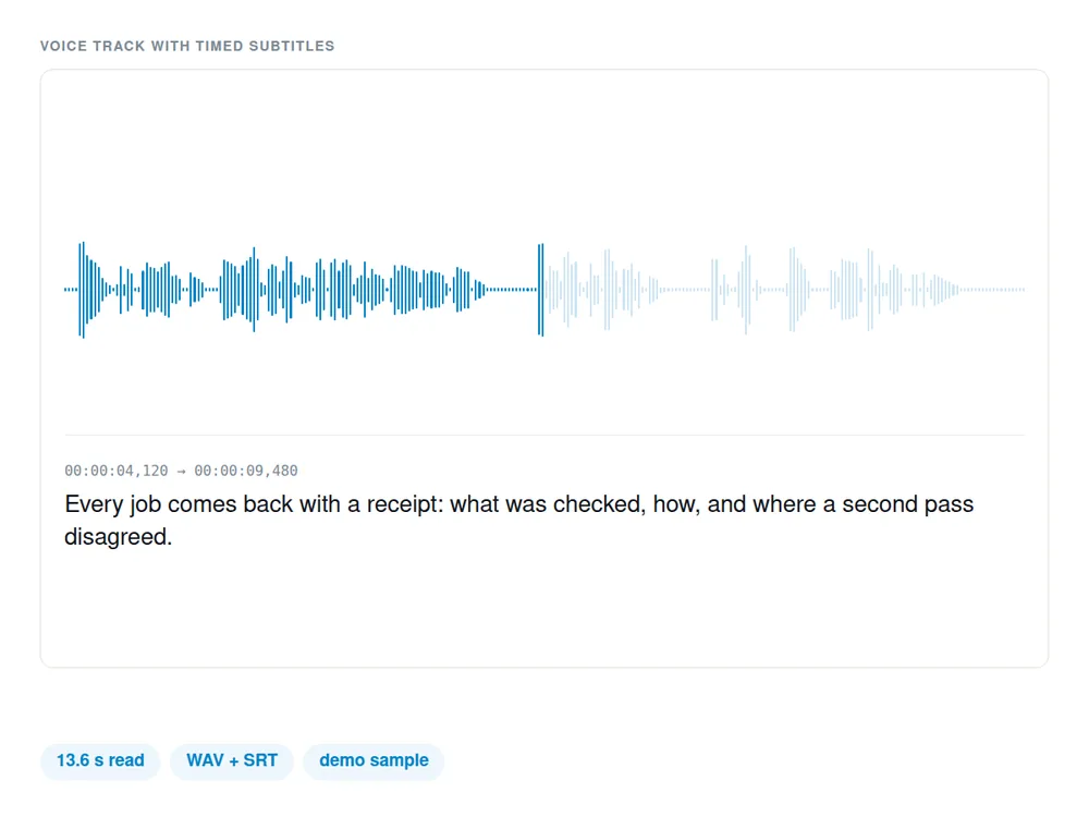 Voice track waveform with a timed subtitle line